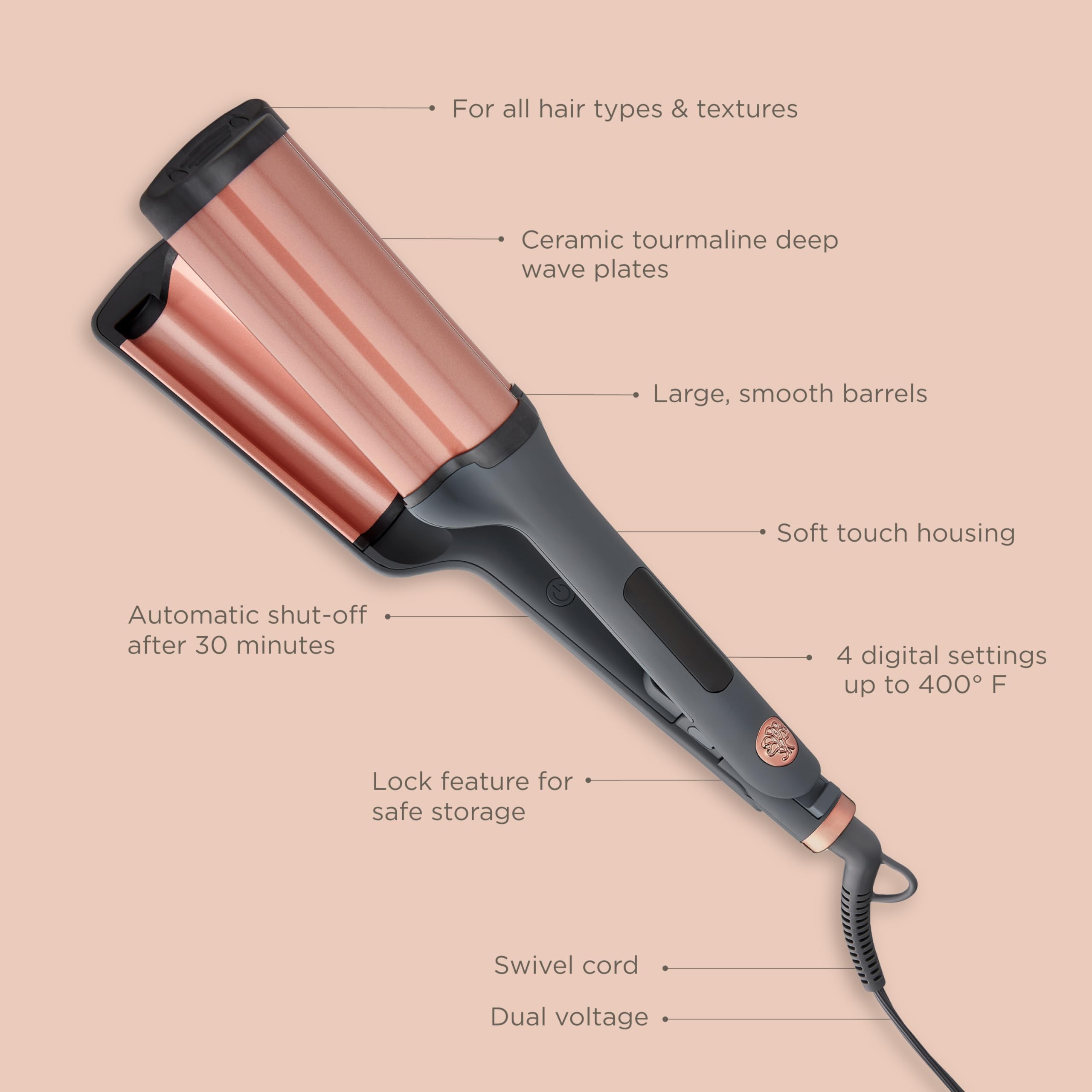 Hairitage Catch The Wave Curling & Crimping Iron | 3 Barrel Ceramic Tourmaline Pink Curler & Crimper