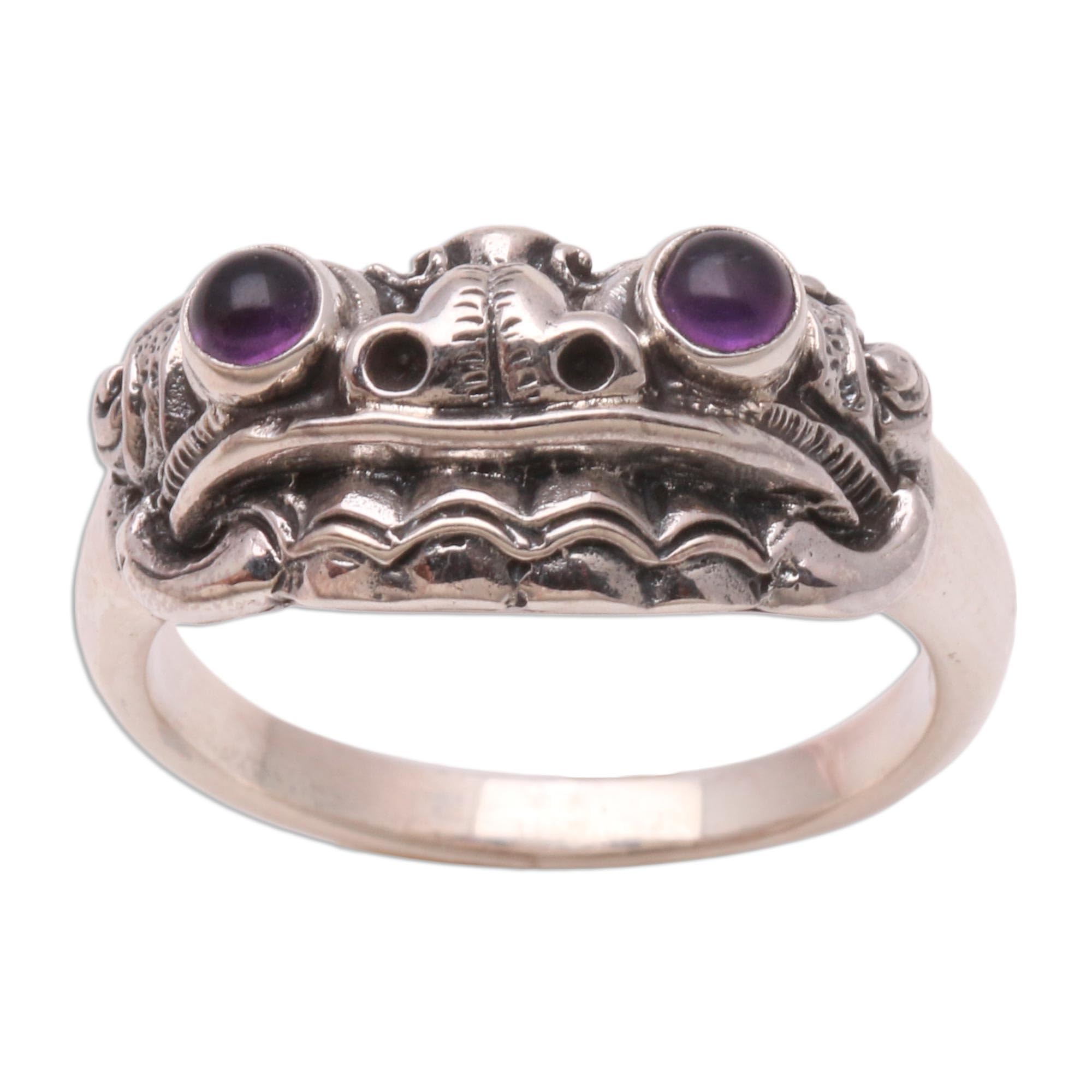 NOVICA Artisan Handmade Men's Amethyst Ring Artisan Crafted .925 Sterling Silver Purple Band Indonesia Animal Themed Birthstone Balinese Traditional Dragon 'Immortal Eclipse'