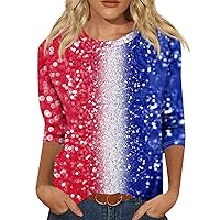 Womens Tops Casual 3/4 Length Sleeve Round Neck Shirts Summer 4Th of July Tops Flag Graphic Tees Plus Size Blouses