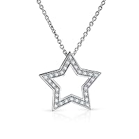 Large Pave Cubic Zirconia CZ Celestial Patriotic American USA Open Rock Star Pendant Necklace For Women For Teen .925 Sterling Silver