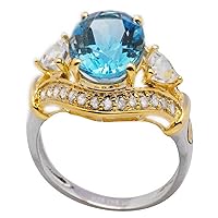 18k Yellow Gold and Sterling Silver Genuine Swiss Blue Topaz & Cubic Zirconia Solid Ring, Size 7