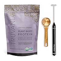 Truvani Vegan Unflavored Protein Powder with Frother & Scoop Bundle - 20g of Organic Plant Based Protein Powder - Includes Portable Mini Electric Whisk & Durable Protein Powder Scoop