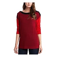 Vince Camuto Womens Red Ribbed Sheer Button Detail Vented Sides Color Block Long Sleeve Boat Neck Sweater L