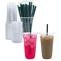 Aatriet [50 Sets] 32 oz Clear Plastic Cups with Lids and STRAWS, Disposable Party Cups for To Go Iced Coffee Cold Drinks, Smoothie, Juice, Parfait, Frappuccino, Milkshake. No Leaking Fruit Cup