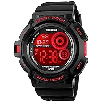 FANMIS Mens Military Multifunction Digital Watches 50M Water Resistant Electronic 7 Color LED Backlight Black Sports Watch
