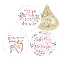 Pink Floral 70th Birthday Party Favor Stickers - Chocolate Kisses Candy Labels - 180 Count, 70th Birthday Decorations for Women