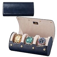 JP Leather Watch Roll - Luxury Watch Travel Case For 3 Watches, Watch Roll Travel Case with Plush Velvet/Suede Interior, Leather Watch Case, Watch Holder - Blue with Ivory Interior