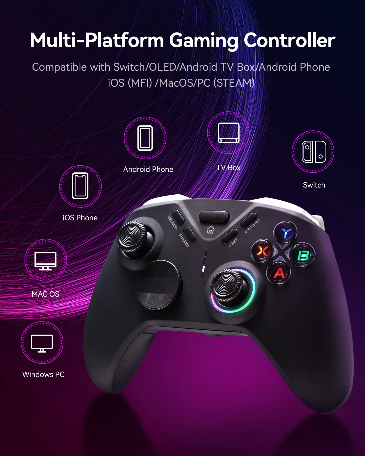 DOYOKY Wireless Game Controller, Bluetooth Controller for PC/Android/Steam/Switch, PC Controller with LED Backlight, Gamepad with Turbo/6-Axis Gyro/Dual Motors (with Phone Bracket)