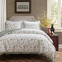 mixinni Sage Green Duvet Cover Queen Flower Leaf Printed 100% Washed Microfiber Linen Like Textured White Bedding with Zipper Ties for Him and Her, Easy Care, Soft and Breathable-(3pcs, Queen Size)