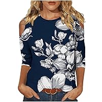 3/4 Length Sleeve Womens Tops Casual Crewneck T Shirts Novelty Printed Three Quarter Sleeve Tunic Tops Trendy Loose Blouses