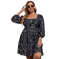 Floerns Women's Plus Size Printed Casual Square Neck Puff Sleeve A Line Dress