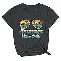Summer Vibes Only Letter T-Shirts Women Funny Sunglasses Palm Tree Print Tee Tops 2024 Casual Beach Vacation Blouse