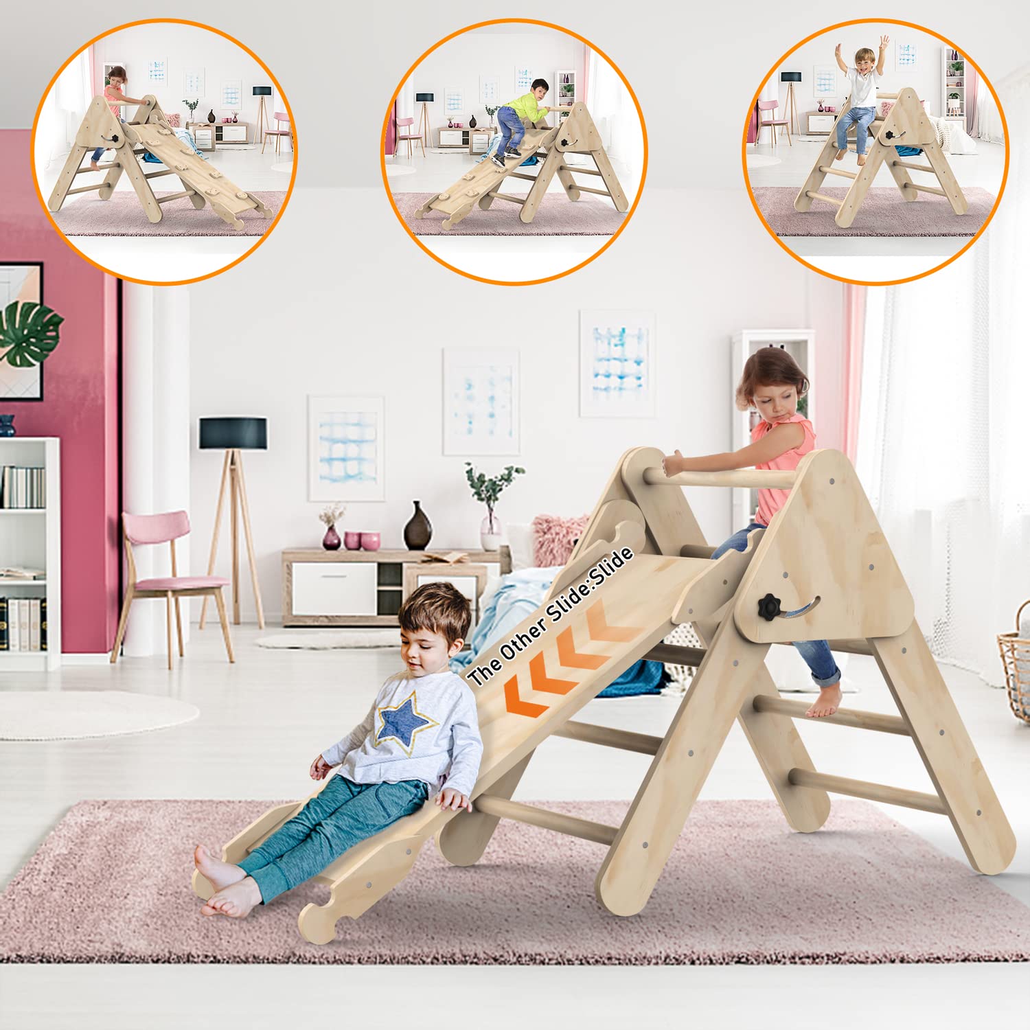 UROSULO Toddler Climbing Toys Indoor, Foldable Climbing Toys for Toddlers, Montessori Climbing Set with Triangle Climber, Arch Ramp, Rock Climber, Slide, Rocker, Wooden Montessori Toys for Toddlers