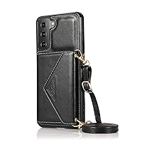 Leather Case for Samsung Galaxy S22/ S22 Plus/ S22 Ultra, FILP Card Holder, Women Crossbody Wallet Case with Long Strap, Magnetic Buckle, Shockproof Protections,Black,S22 Plus 6.6''