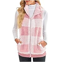 Fall Winter Plaid Fuzzy Fleece Vest Sleeveless Zip Up Daily Warm Vests Coat 2023 Casual Lapel Jacket with Pockets