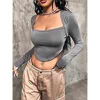 Women's Tops Sexy Tops for Women Women's Shirts Square Neck Curved Hem Tee (Color : Gray, Size : Large)