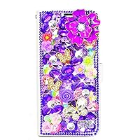 Crystal Wallet Case Compatible with Samsung Galaxy S22 - Flowers Butterfly - Purple - 3D Handmade Sparkly Glitter Bling Leather Cover with Screen Protector & Beaded Phone Lanyard
