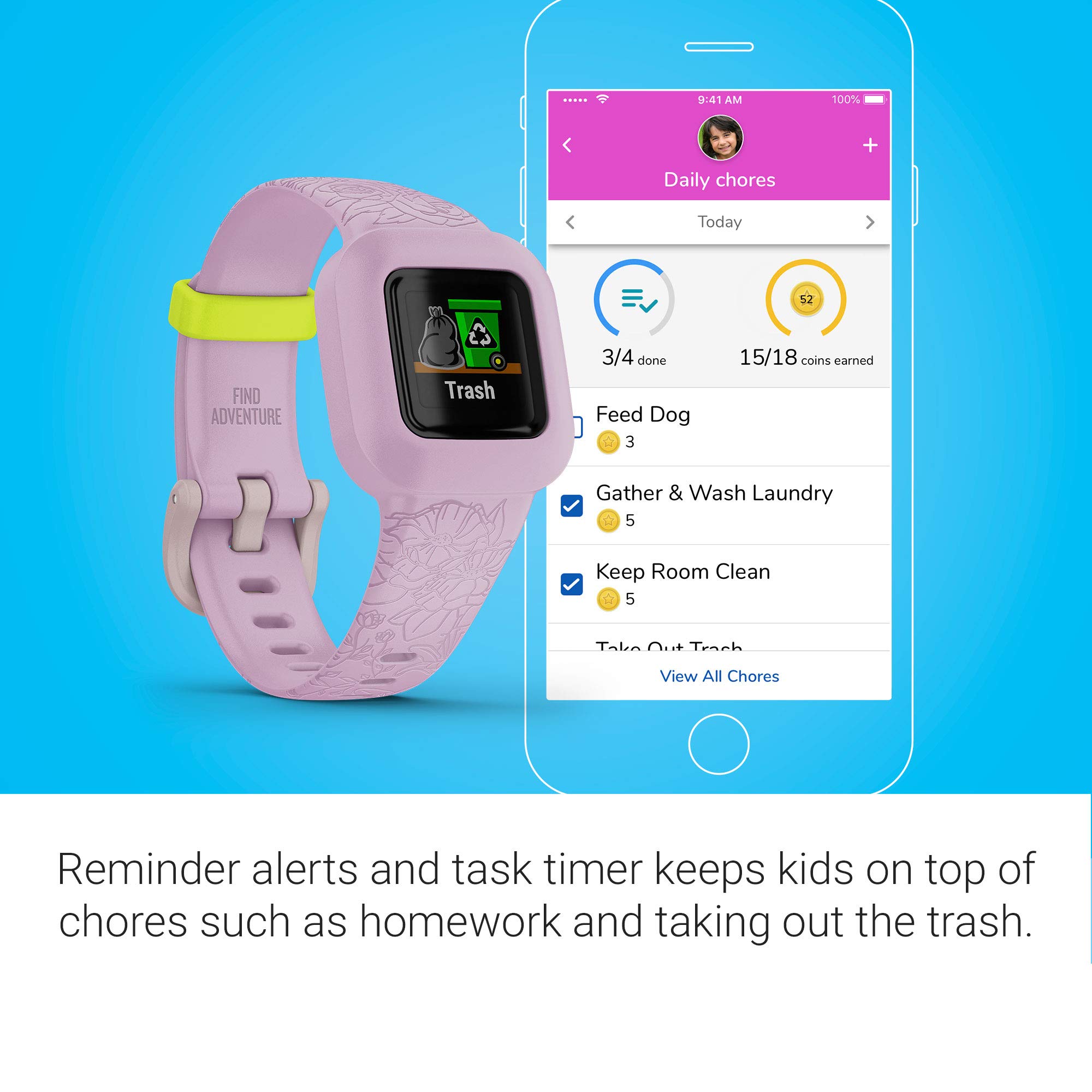 Garmin vivofit jr. 3, Fitness Tracker for Kids, Includes Interactive App Experience, Swim-Friendly, Up To 1-year Battery Life, Lilac Floral