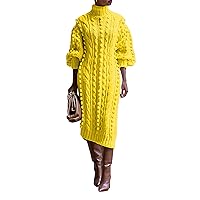 Womens Sexy Fashion High Collar Long Sleeve Solid Color Knitted Hollow Split Long Dress Casual Dress