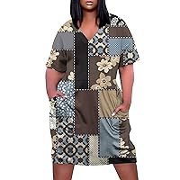 Dress with Pockets for Women Summer Plus Size V Neck Short Sleeve Knee Pocket Soild Color Casual Dress
