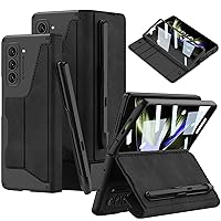 for Samsung Galaxy Z Fold 5 Case with [Fold5 Edition S-Pen Slot], Military Armor Cases Full Body Protective Anti-Scratch Hard Slim Leather Bracket Case with Screen Protector (Black)