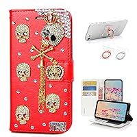 STENES Bling Wallet Phone Case Compatible with Samsung Galaxy S23 Plus Case - Stylish - 3D Handmade Crown Skull Tassel Pendant Leather Cover with Ring Stand Holder [2 Pack] - Red