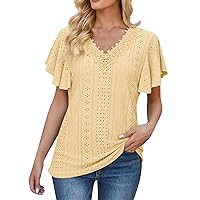 Oversized Band Tees for Women, Trendy Women's 2024 Lace V Neck Leaf Sleeve Solid Color Loose T-Shirt T, S, XXL