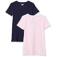 Amazon Essentials Women's Classic-Fit Short-Sleeve V-Neck T-Shirt, Pack of 2, Navy/Light Pink, Medium