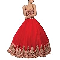 Ball Gown Sweet 16 Dress Quinceanera Formal Long Prom Dresses with Gold Applique