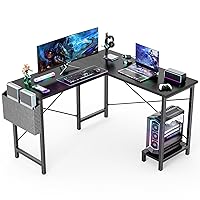 DUMOS L Shaped Computer Desk Wood Corner PC Gaming Table with Side Storage Bag for Home Office Small Spaces, Black