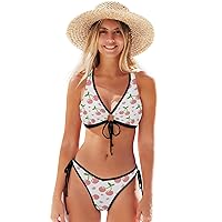 ALAZA Moroccan Tile Mosaic Cute Red Cherry and Green Leaf with White Polka Dot Bikinis Swimsuit Set for Women XS