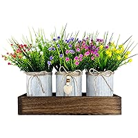 Decorative Centerpiece Wooden Tray with 3 Metal Potted Artificial Babys Breath Gypsophila Plant Flowers Rustic Country Farmhouse Décor for Dining Room, Living Room and Kitchen Table