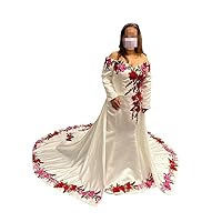 White Satin Red Floral Flowers Pattern A line Detachable Train Wedding Prom Dresses Mermaid 2024