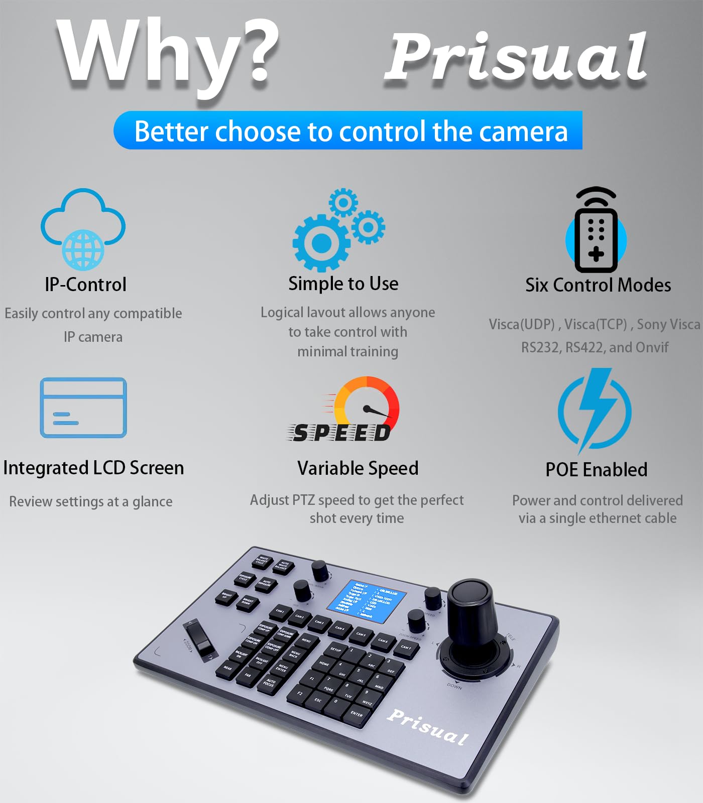 Prisual PTZ Camera Controller PoE 4D Joystick LCD Screen Setup, Elevate Your Church Live Streaming with VISCA is Fully Compatible and extensible, Pelco D/P RS232 RS485 (TEM-JOY1)