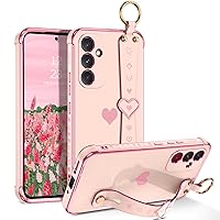 GUAGUA for Samsung Galaxy A54 Case, Galaxy A54 Phone Case with Wrist Strap Holder, Slim Soft TPU Plating Love Heart Pattern with Wristband Kickstand Shockproof Case for Samsung A54 5G 6.4'', Pink