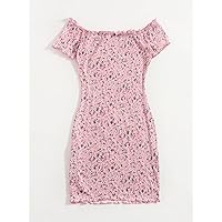Women's Dress Ditsy Floral Print Off Shoulder Lettuce Edge Dress Summer Dress (Color : Pink, Size : Large)