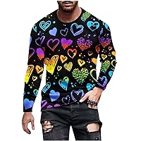 Men's Heart Print T Shirts Valentine's Day Long Sleeve Crewneck Shirt Lovers Couple Holiday Casual Pullover Tees
