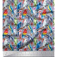 Soimoi Cotton Cambric Grey Fabric - by The Yard - 42 Inch Wide - Branch & Colorful Parrot Bird Textile - Organic Branches with Colorful Parrots Printed Fabric