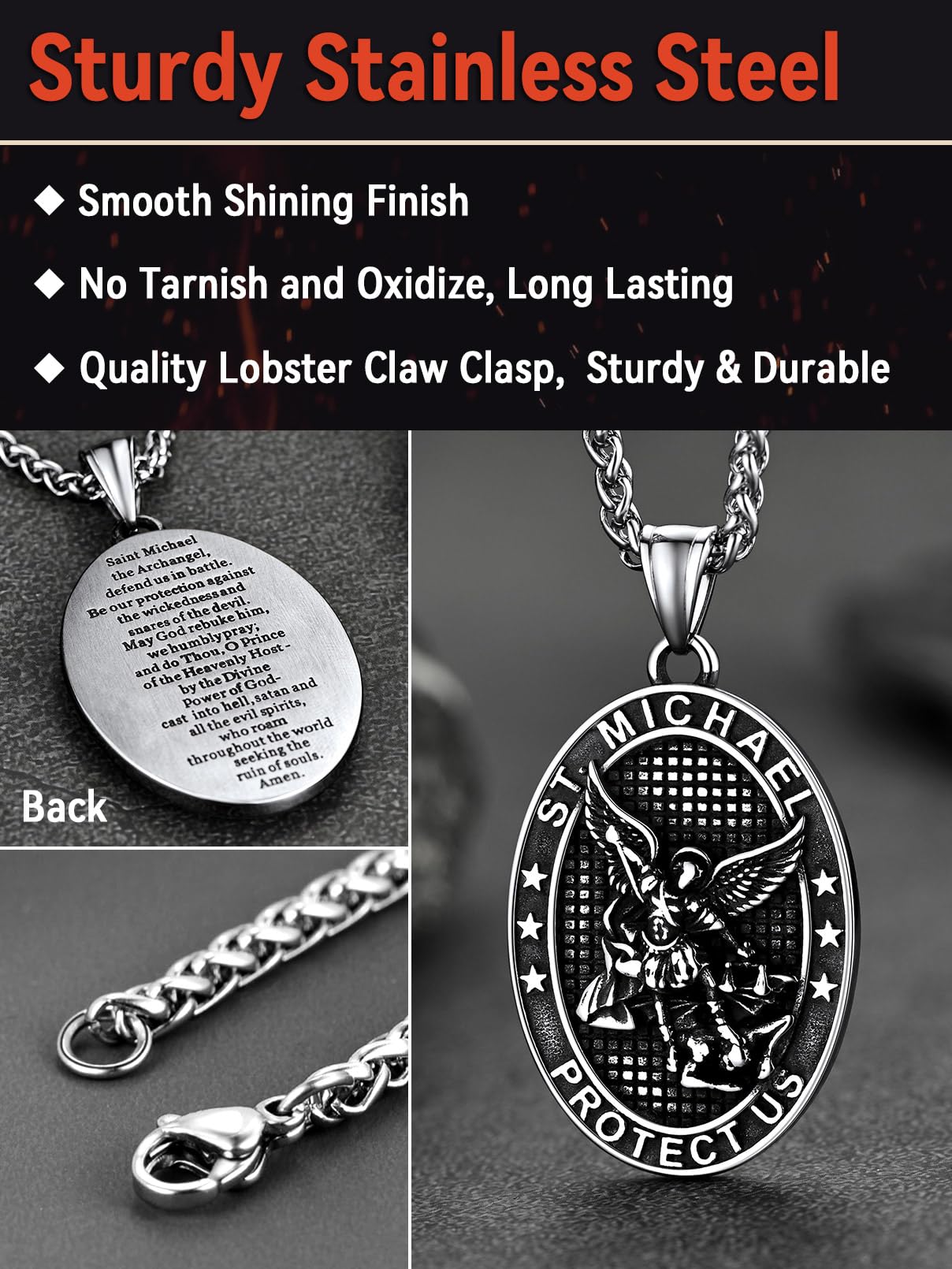 FaithHeart Saint Michael Necklace, Stainless Steel/18K Gold Plated St Michael the Archangel Pendant Amulet for Men Women with Gift Packaging