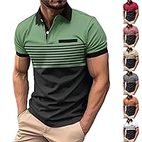 Men's Striped Polo Shirts Moisture Wiking Short Sleeve Golf T-Shirts Casual Summer Turndown Collared Outdoor Workout Tee Top