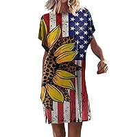 4th of July Women Tie Dye American Flag Casual T-Shirt Dress Summer Batwing Short Sleeve Split Side Swing Dresses