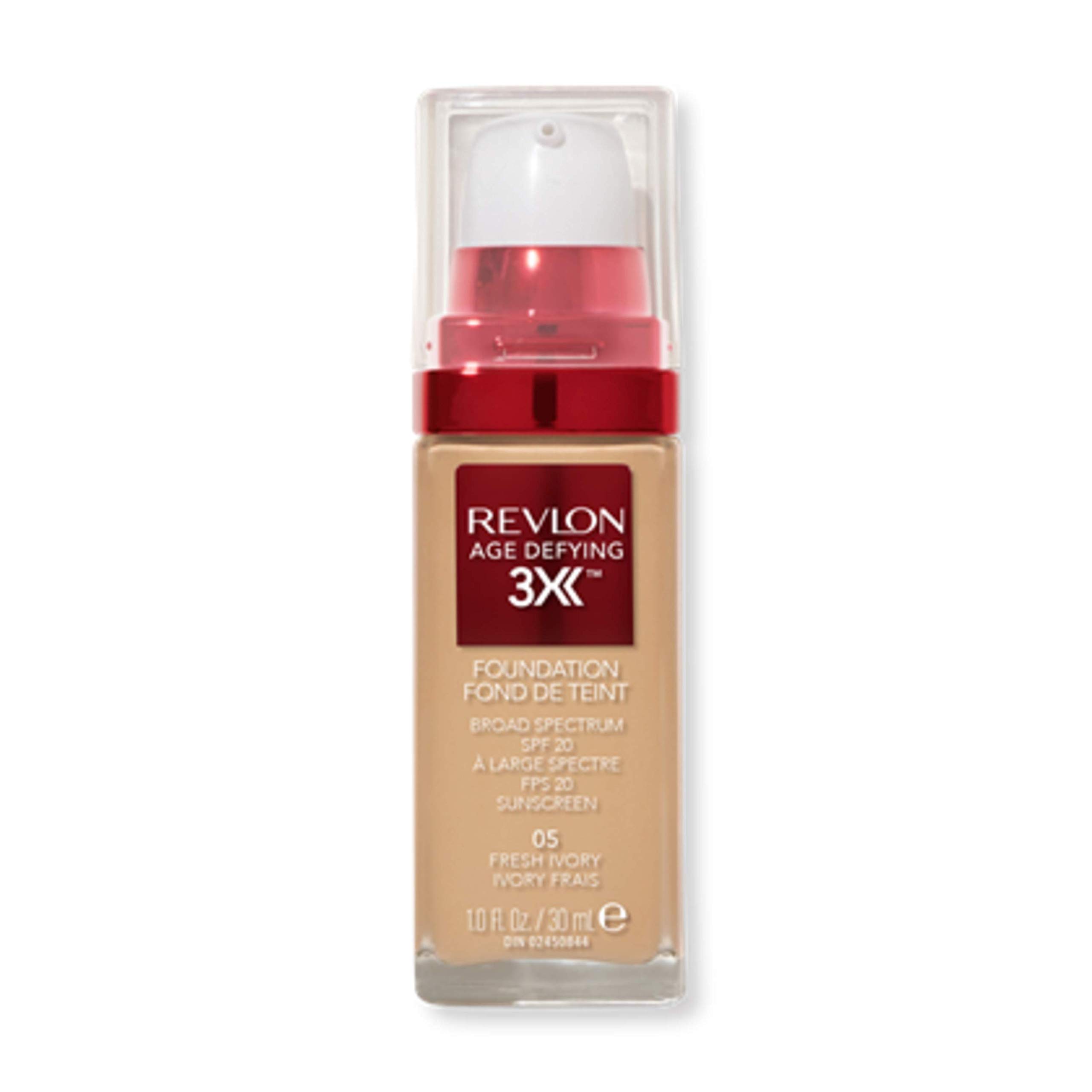 Revlon Liquid Foundation, Age Defying 3XFace Makeup, Anti-Aging and Firming Formula, SPF 30, Longwear Medium Buildable Coverage with Natural Finish, 005 Fresh Ivory, 1 Fl Oz