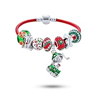 Christmas Theme Holiday Tree Reindeer Santa Sleigh Candy Cane Snowflake Gingerbread Man Beads Multi Charm Bracelet Leather For Women Teens .925 Sterling Silver European Barrel Snap Clasp With Display