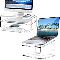 Clear Acrylic Monitor Stand Riser 2 Tier with Acrylic Laptop Stand for Desk