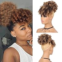 Afro High Puff Hair Bun Drawstring Ponytail With Bangs Short Kinky Curly Pineapple Pony Tail Clip in on Wrap Updo Hair Extensions for African American Black Women (T1B/30)