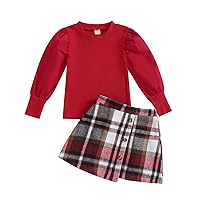 Toddler Baby Girl Fall Winter Skirt Set Turtleneck Ribbed Knit Long Sleeve Solid Tops Sweater Plaid Flannel Skirt Set