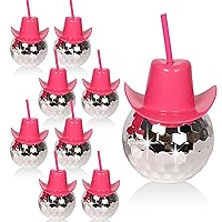 Disco Ball Pink Cowgirl Hat Cups with Straws Cowboy Western Party Supplies, Let’s Go Girls Single Girl Party Supplies… (Pink, 9Pcs)