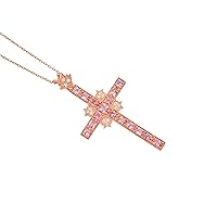 Natural Pink Tourmaline Faceted Oval Cut Charming Gemstone 14K Gold Plated Holy Cross Necklace 925 Solid Sterling Silver Solitaire Simulated Silver Pendant Elegant Design Tourmaline Necklace With Silver Chain Birthday Gift Unisex Pendant (PD-8533)