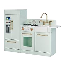 Little Chef Charlotte Kids Play Kitchen, Wooden Kitchen Playset for Toddlers with Accessories, Pretend Ice Maker, Modular Design, & Storage Space, Mint/Gold, Gift for Ages 3+