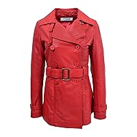 DR201 Women's Leather Buttoned Coat With Belt Smart Style Red